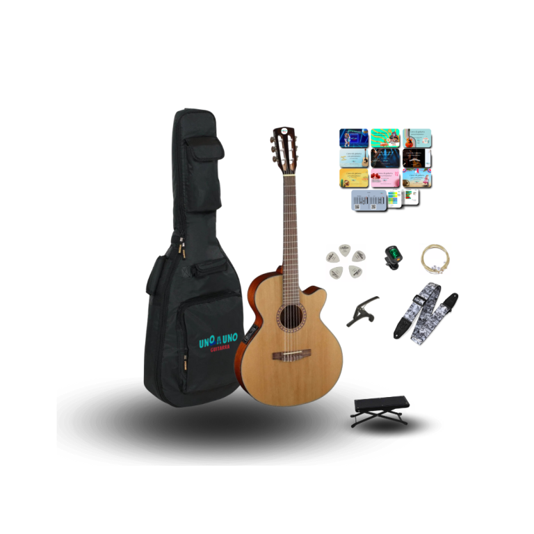 Guitarra acústica, funda, curso de guitarra a elección, afinador de guitarra, colgante, Taburete, capo, juego de cuerdas , juego de uñetas.
